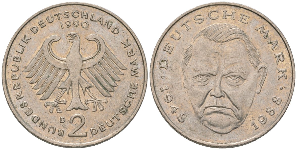 ФРГ 2 марки 1990 D, Людвиг Эрхард, 40 лет Федеративной Республике KM 170 медно-никель 4572-1136
