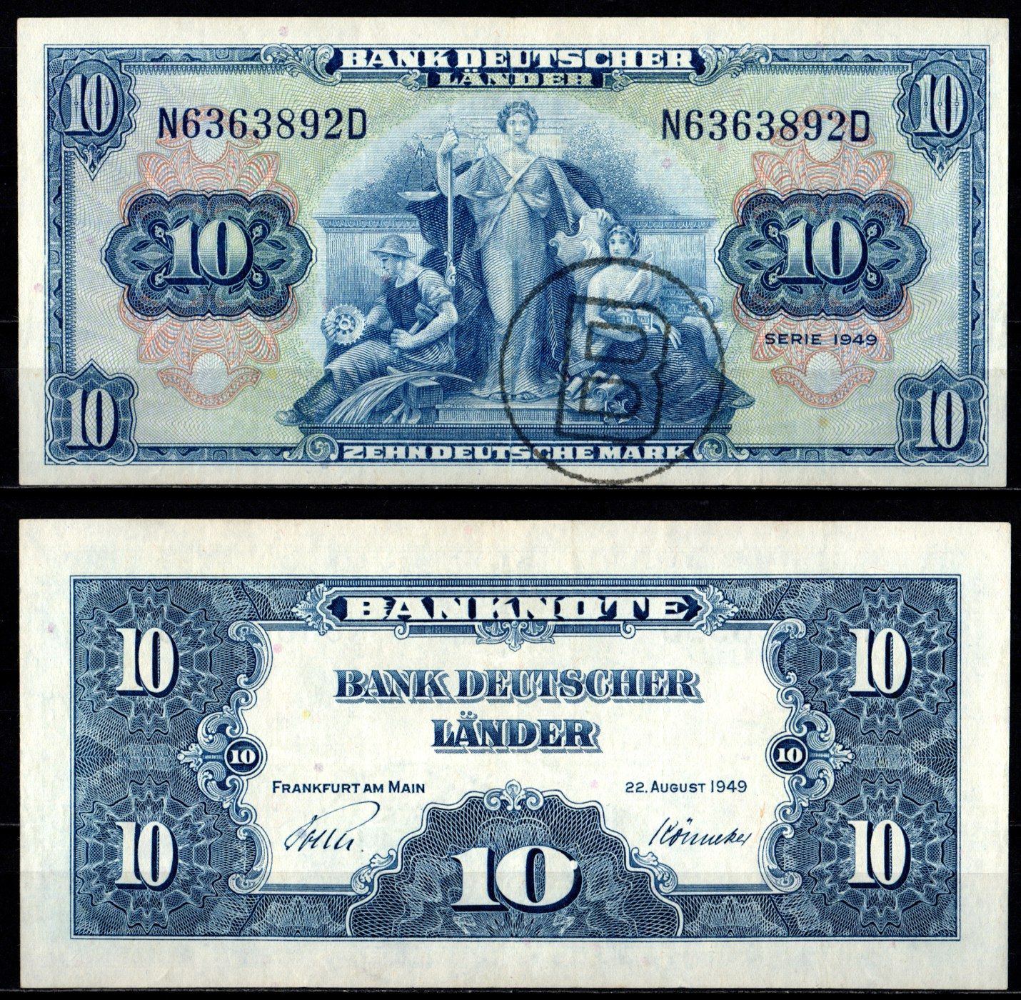 ФРГ 10 марок 1949 штамп «В» в круге Pick 16 b бумага 451-1109-1