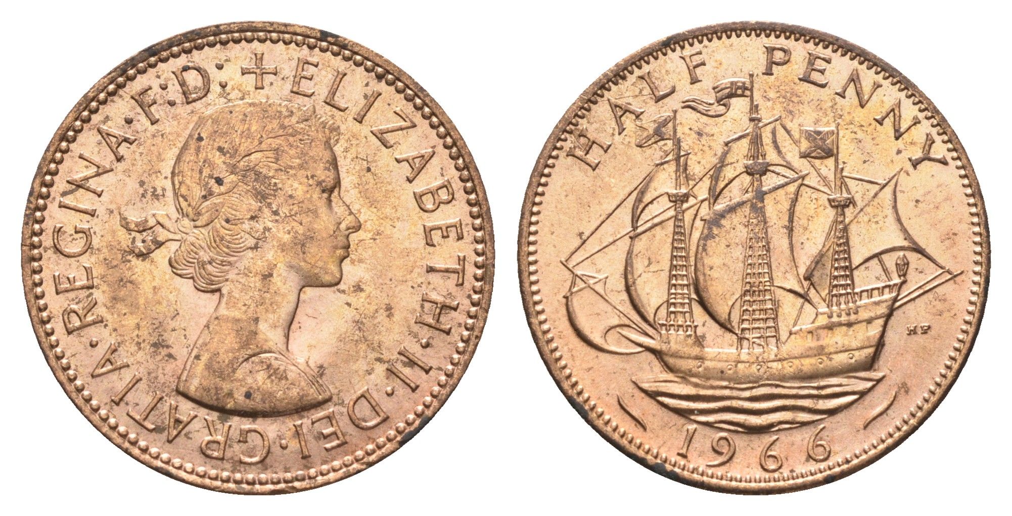 Великобритания 1/2 пенни 1966 Елизавета II (1952-2022) KM 896, Spink 4158 бронза aUNC 4662-1256