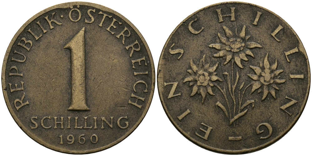 Австрия 1 шиллинг 1960 KM 2886 алюминиевая бронза 98-112