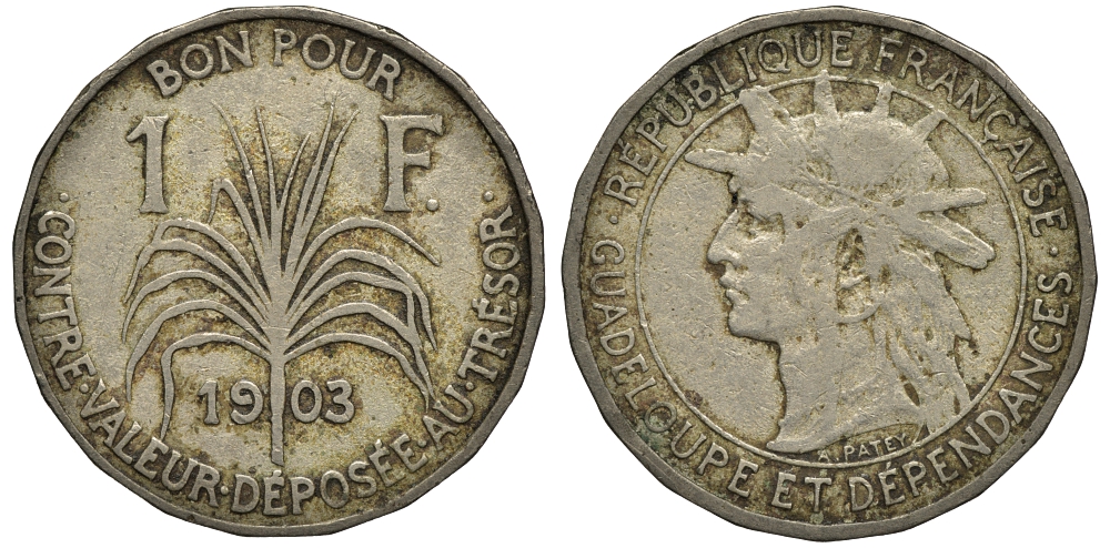 Гваделупа 1 франк 1903 KM 46 медно-никель 272-1325