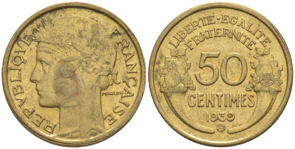 ФРАНЦИЯ 50 САНТИМОВ 1939 В, ТИП MORLON, МОНДВОР БРЮССЕЛЬ KM 894.2, LE FRANC 192.16 алюминиевая бронза 44-919