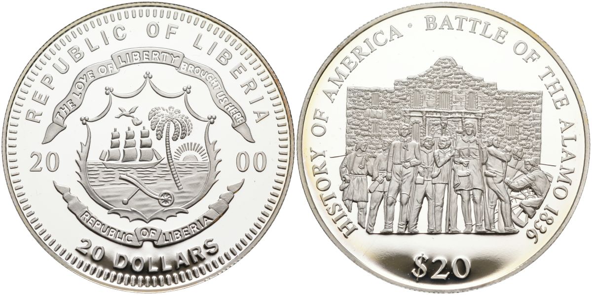Либерия 20 долларов 2000 серия история Америки, битва за Аламо 1836 год KM 472 серебро PROOF 11-155-13