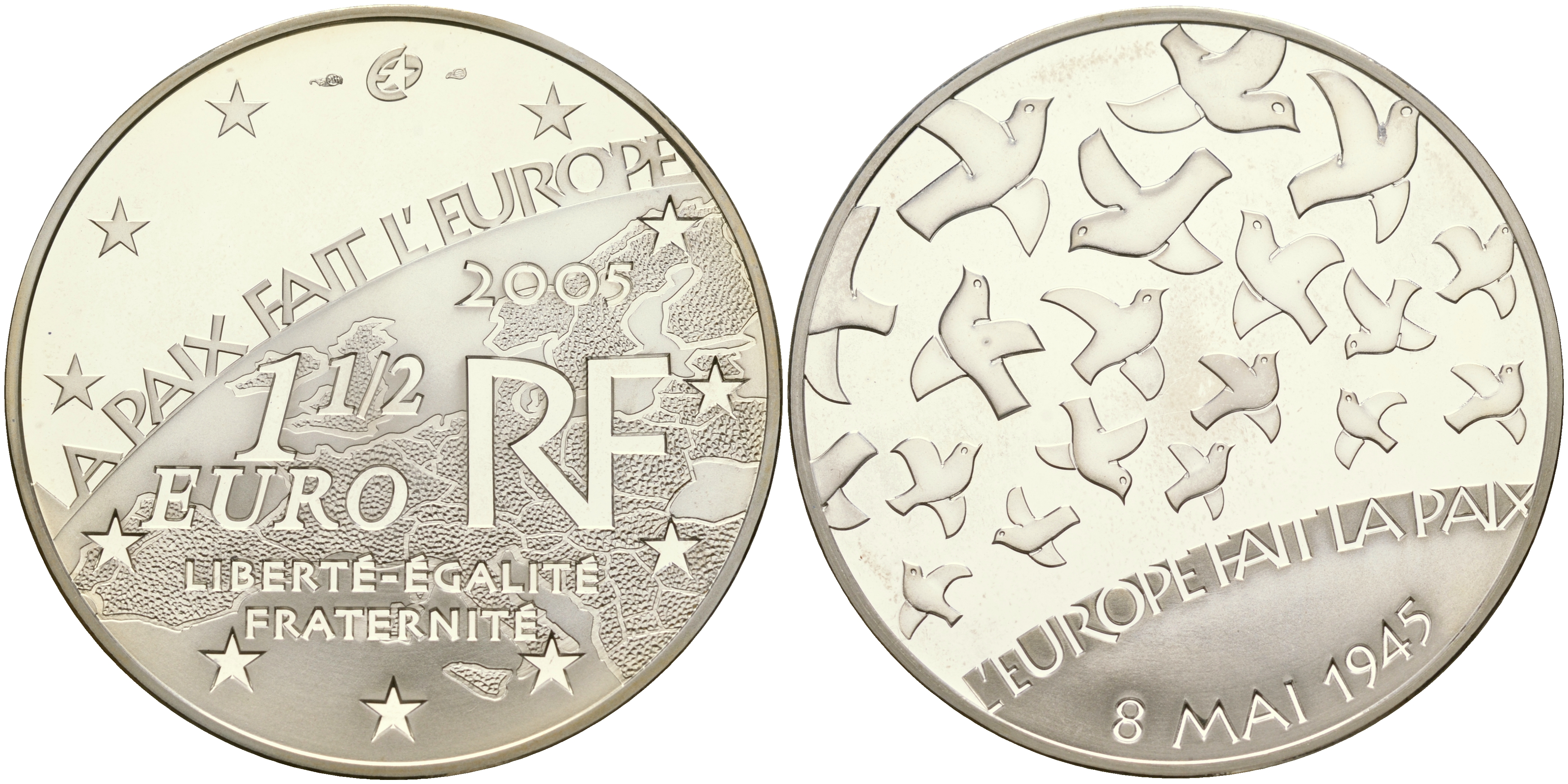 Франция 1 1/2 евро 2005 60 лет мира в Европе, голуби мира КМ 1441 серебро PROOF 11-183-44