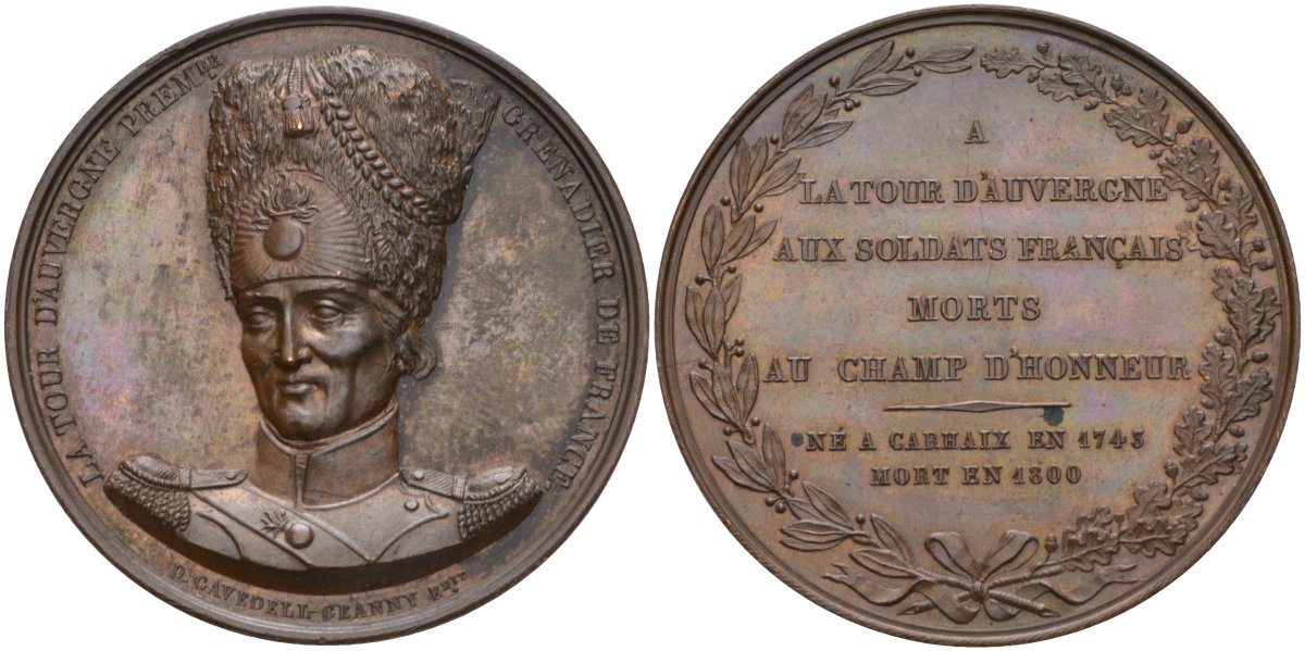 Франция медаль ND Ла Тур Д'Овернь, Теофиль-Мало (1743-1800), первый гренадер Франции, диаметр 41 мм. бронза 01-172-34