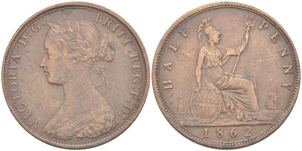 Великобритания 1/2 пенни 1862 Виктория (1837-1901) KM 748.2, Spink 3956 бронза 4543-1145