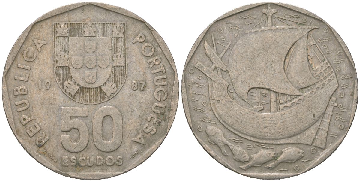 Португалия 50 эскудо 1987 парусник KM 636 медно-никель 4619-717