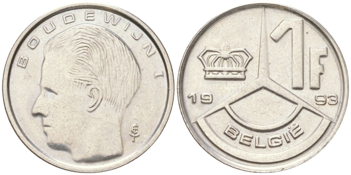 Бельгия 1 франк 1993 Belgie, Бодуэн I (1951-1993) KM 171 нержавеющая сталь 4614-119