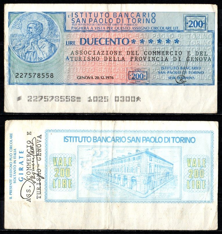 Италия чек 200 лир 1976 бумага 2198-16-1-2