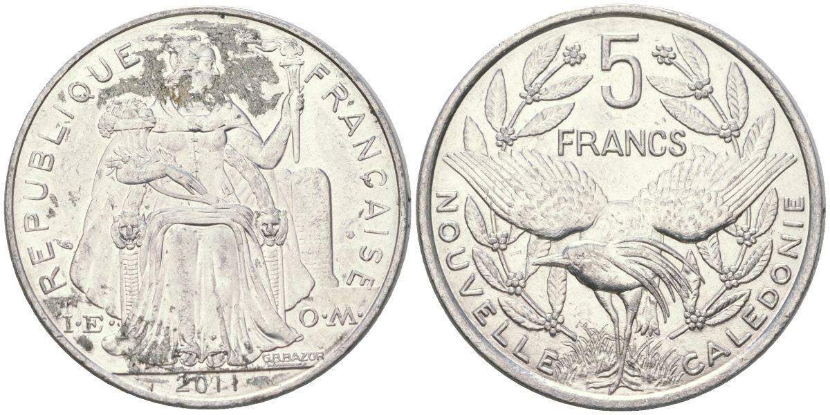 Французская Новая Каледония 5 франков 2011 птица кагу, (IEOM) KM 16, Schoen 12, Lec 81k алюминий 4111-1012