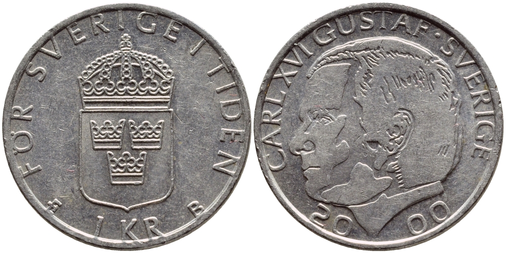 Швеция 1 крона 2000 Карл XVI Густав (1973- ) KM 852а медно-никель 4379-447