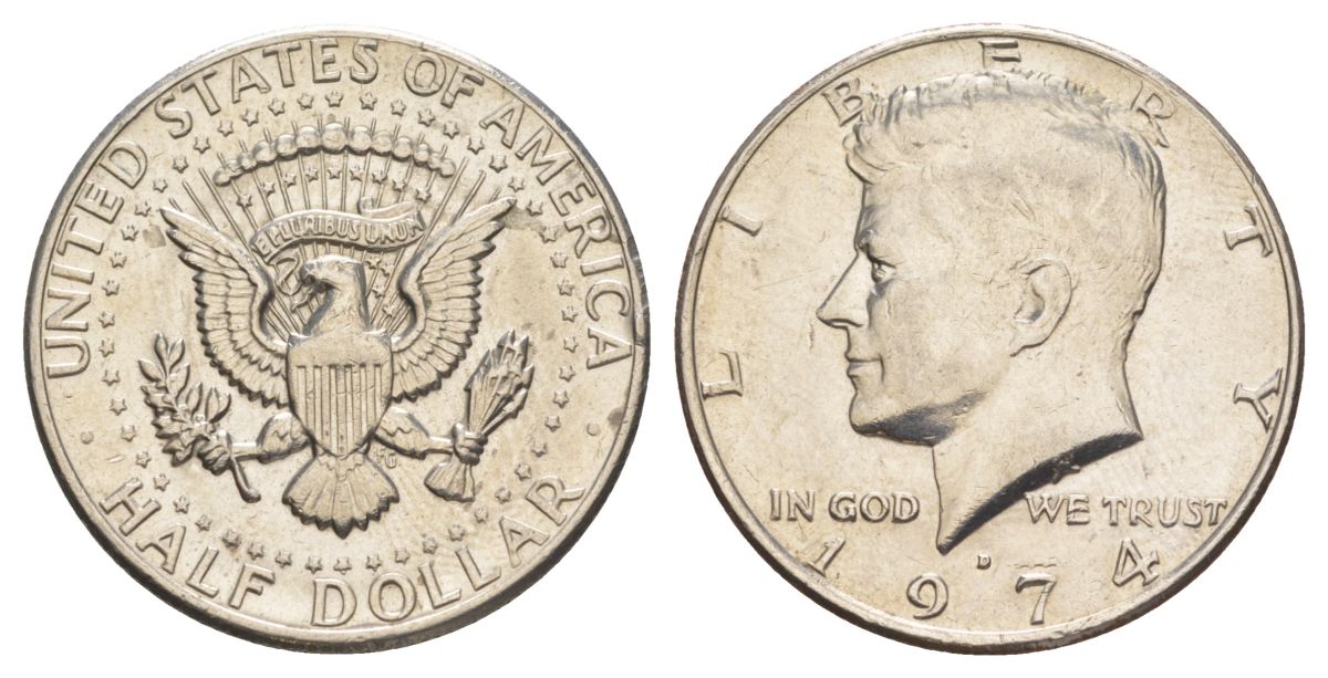 США 1/2 доллара (50 центов) 1974 D, Джон Кеннеди KM 202b медь плакированная медно-никелем aUNC 4131-622