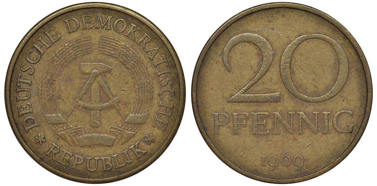 ГДР 20 пфеннигов 1969 А, первый год KM 11 латунь 62-1035