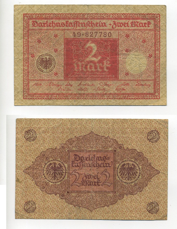 ГЕРМАНИЯ 2 МАРКИ 1920 1 МАРТА 1920, ВЕЙМАРСКАЯ РЕСПУБЛИКА, КРАСНАЯ, СЕРИЯ 49 Pick 59, Rosenberg 65b бумага 7217-36-1