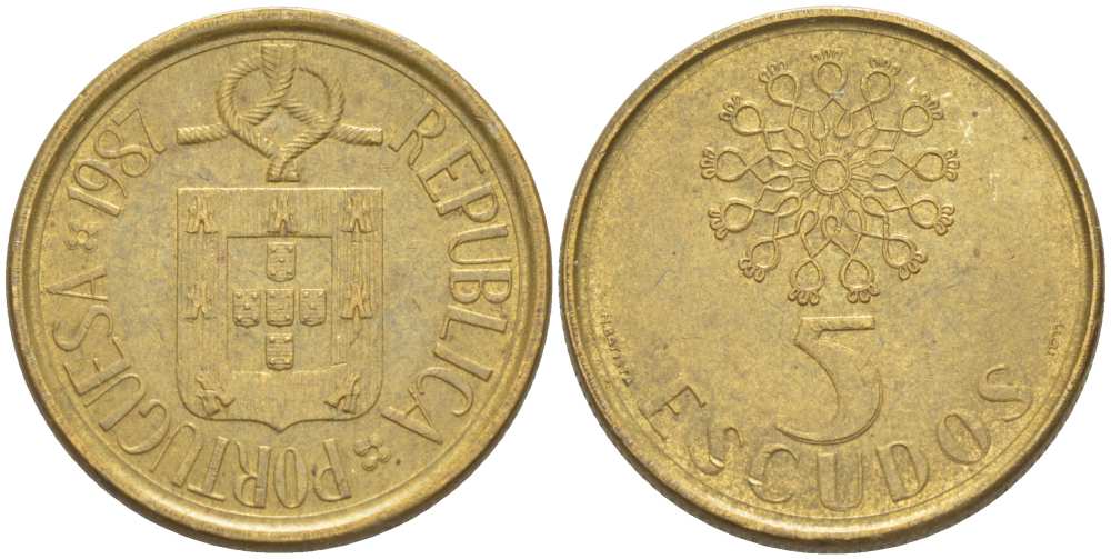 ПОРТУГАЛИЯ 5 ЭСКУДО 1987 KM 632 никель латунь 4513-1117