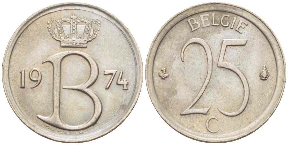 БЕЛЬГИЯ 25 САНТИМОВ 1974 BELGIE, БОДУЭН I (1951-1993) KM 154.1 медно-никель 214-156