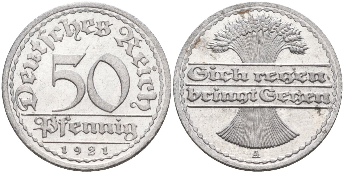 Германия 50 пфеннигов 1921 A KM 27, J.301, Weege 10 алюминий UNC 4584-845