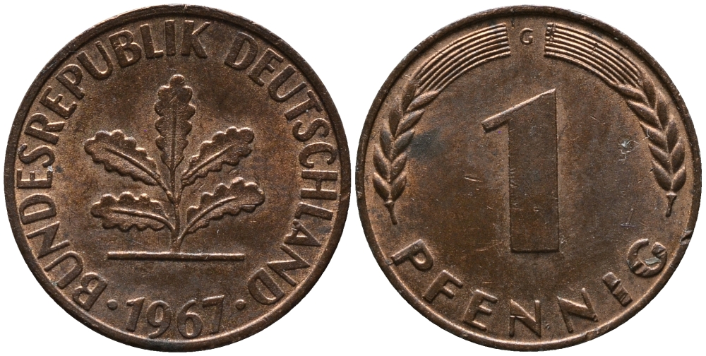 ФРГ 1 пфенниг 1967 G KM 105, J.380 сталь плакированная медью 99-262