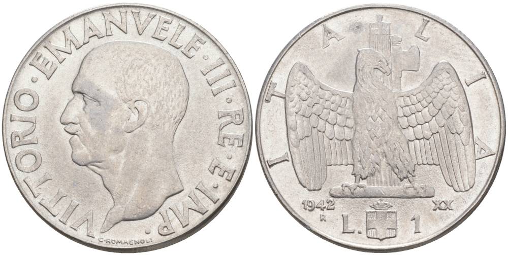 ИТАЛИЯ 1 ЛИРА 1942 R, ГОД XX, ВИКТОР ЭММАНУИЛ III (1900-1946) KM 77b, VEM3. 1102 нержавеющая сталь 3855-443