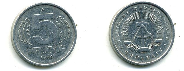 ГДР 5 пфеннигов 1980 A KM 9.2 алюминий 4651-1129