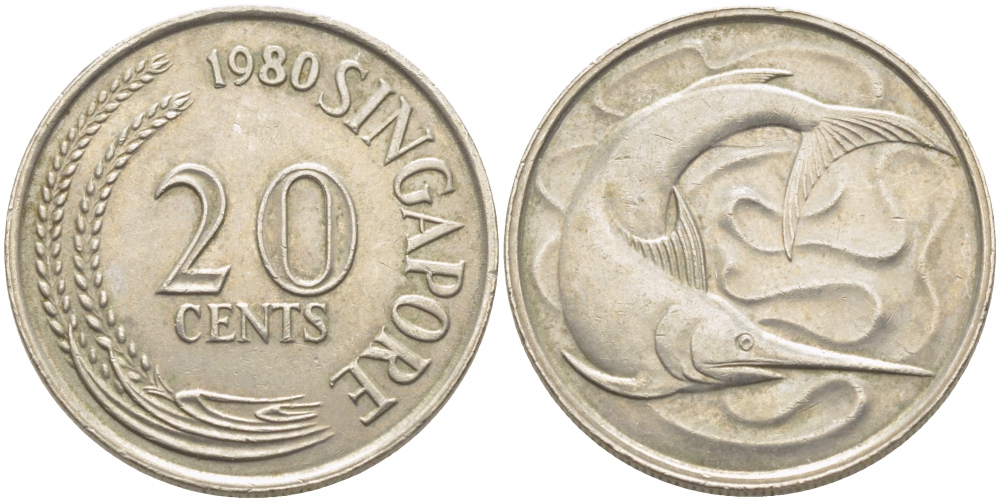 СИНГАПУР 20 ЦЕНТОВ 1980 ГОЛУБОЙ МАРЛИН, ТУНЕЦ KM 4 медно-никель 3856-1032
