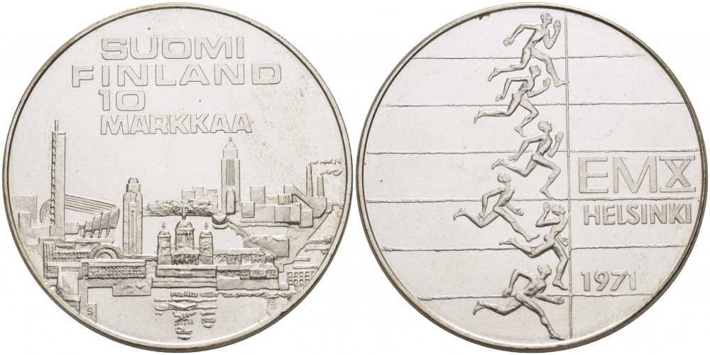 Финляндия 10 марок 1971 S-H, X Чемпионат Европы по легкой атлетике KM 52 серебро UNC 1515-1335