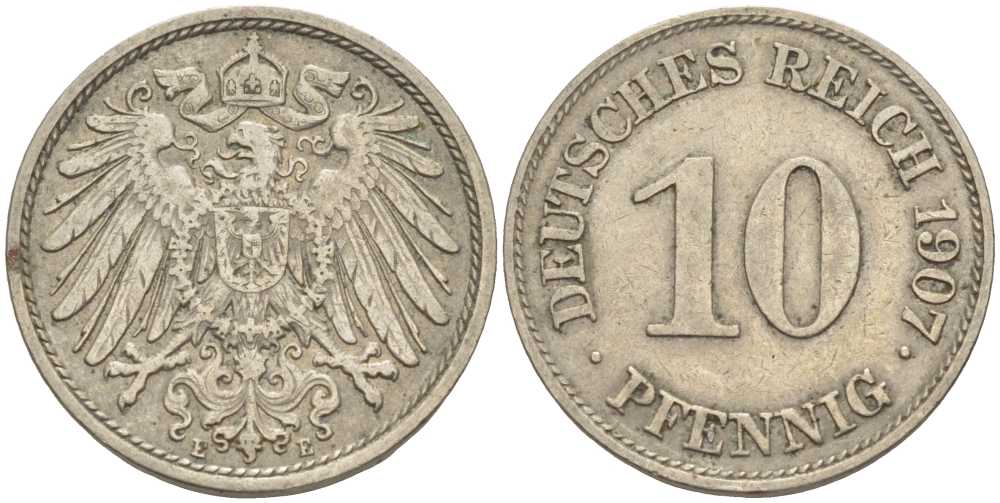 Германия 10 пфеннигов 1907 E KM 12, J. 13 медно-никель 31-241