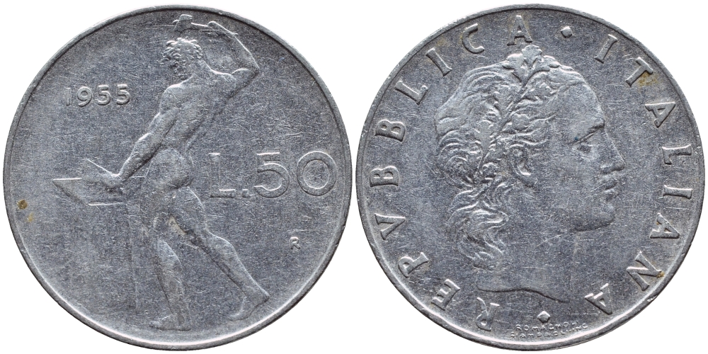 ИТАЛИЯ 50 ЛИР 1955 R, БОГ ОГНЯ ВУЛКАН У НАКОВАЛЬНИ KM 95.1 нержавеющая сталь 4395-531