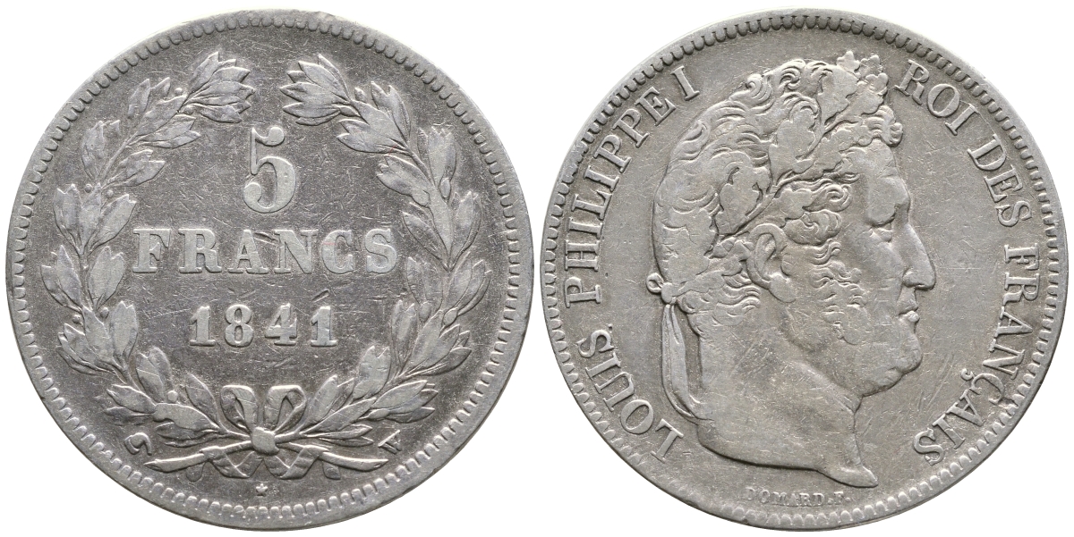 Франция 5 франков 1841 W, Луи Филипп I (1830-1848) KM 749.13 серебро 1066-6-53