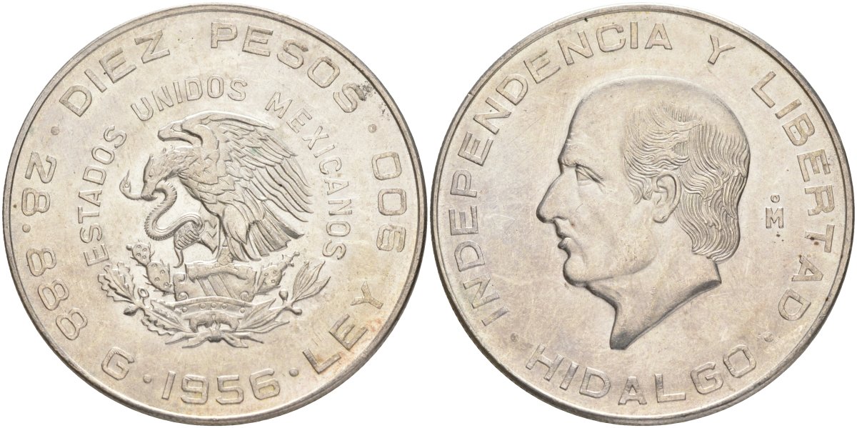 Мексика 10 песо 1956 Мо, Мигель Идальго, свобода и независимость KM 474 серебро 443-1342