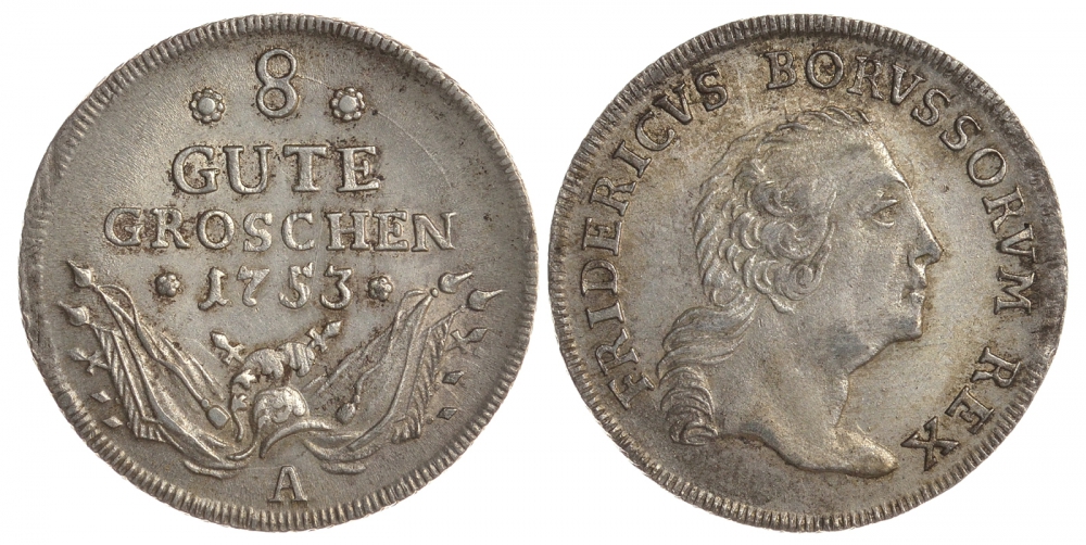 Пруссия 8 гутергрошей 1753 Фридрих II Великий, военная арматура Old. 14, Schr. 209 серебро 00-806-70