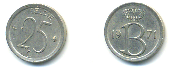 Бельгия 25 сантимов 1971 Belgie, Бодуэн I (1951-1993 KM 154.1 медно-никель 86-1256
