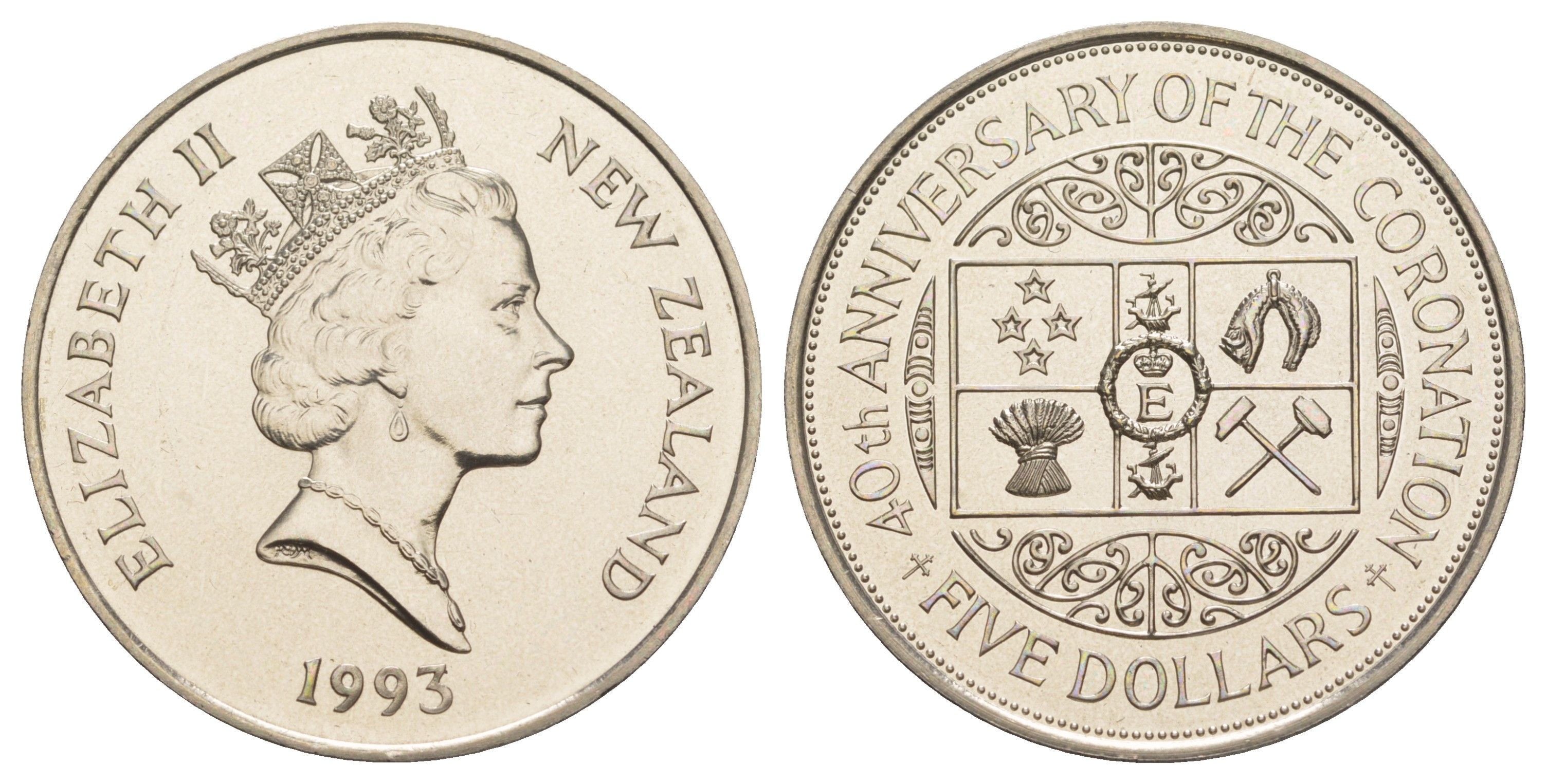 Новая Зеландия 5 долларов 1993 40 лет коронации Королевы Елизаветы II KM 88 медно-никель BU 1085-8-33