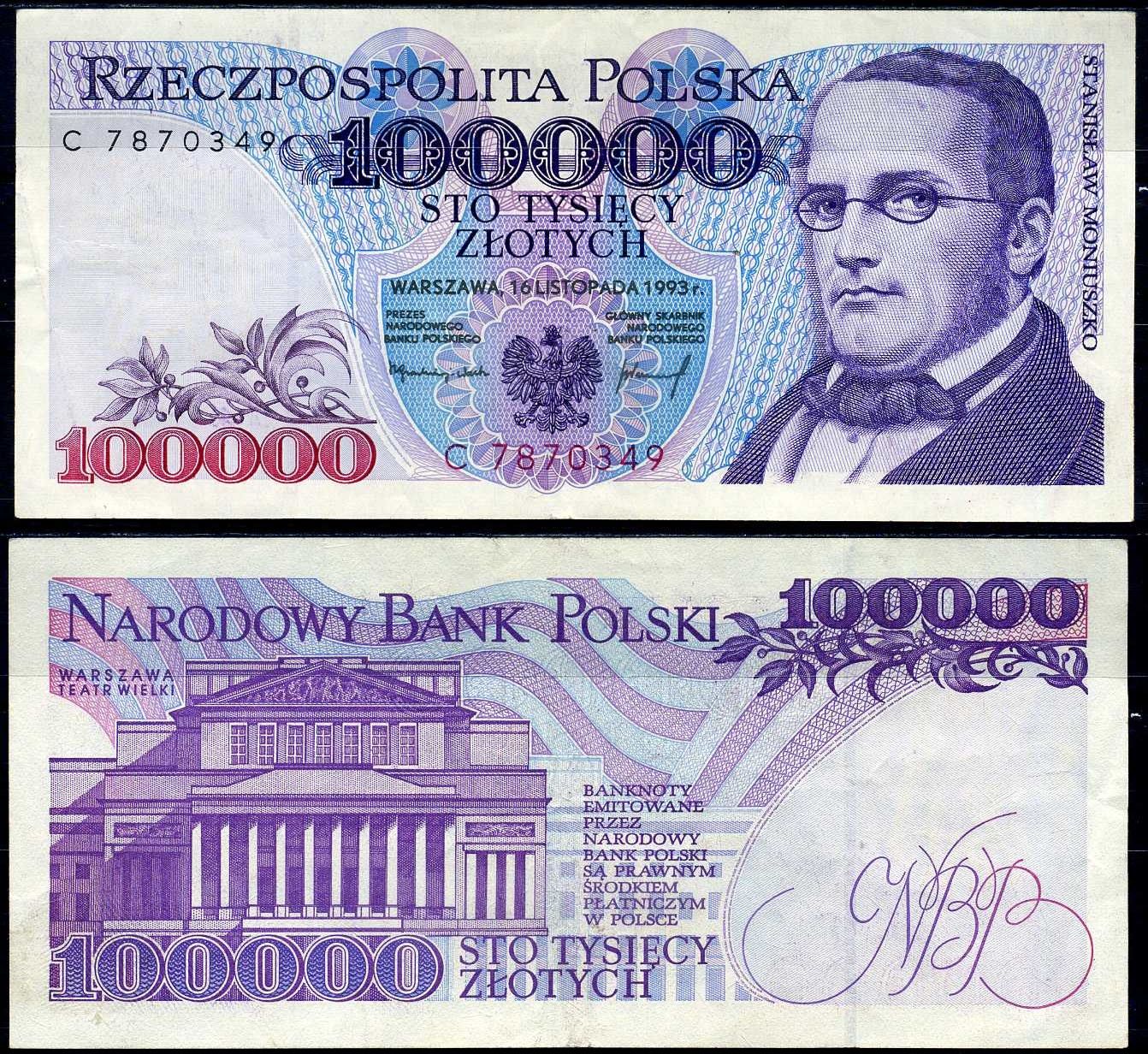 Польша 100000 злотых 1993 Pick 160 бумага 7222-27-3-1