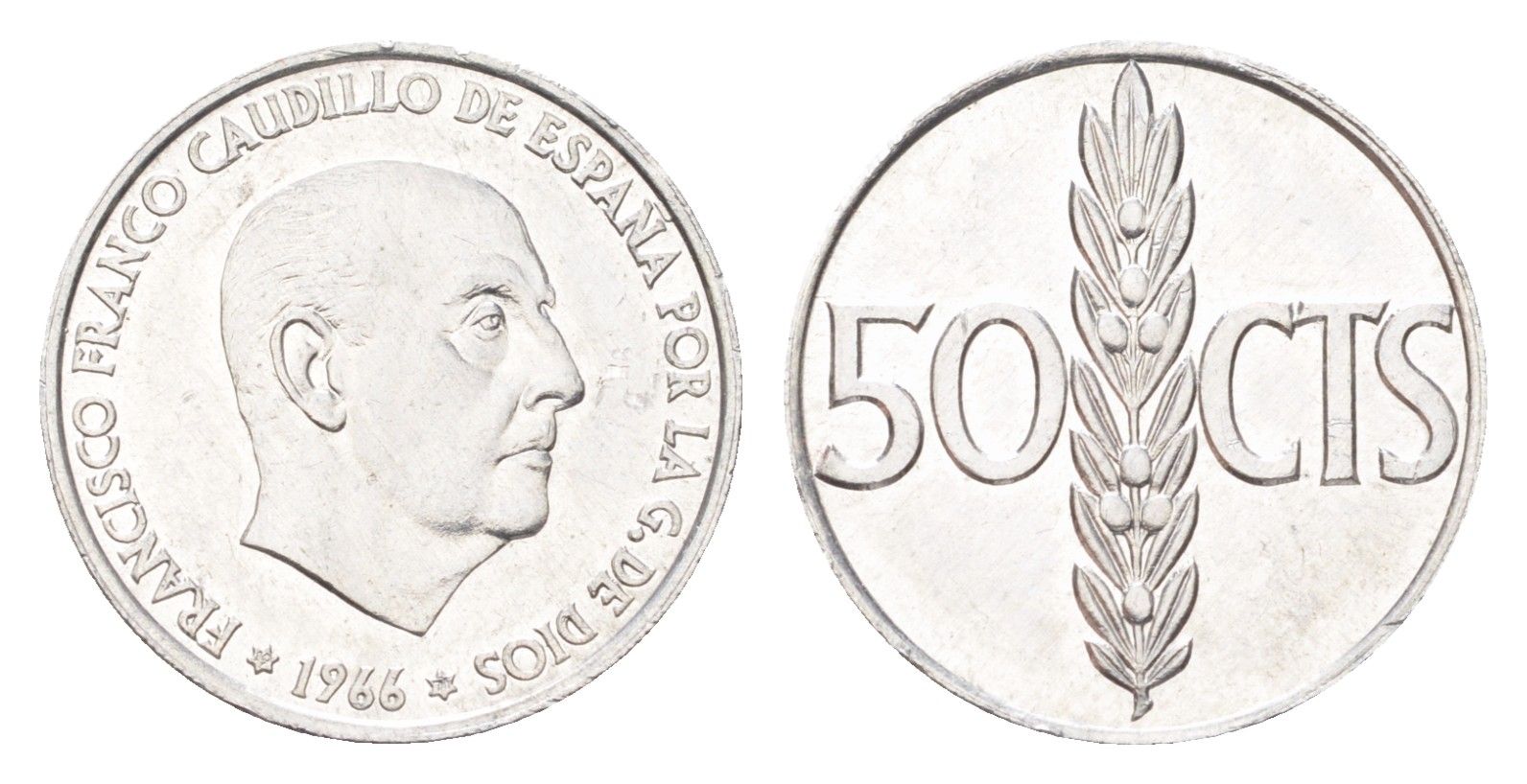 Испания 50 сентимо 1966 (71) Франсиско Франко (1939-1975) KM 795 алюминий UNC 4705-1025