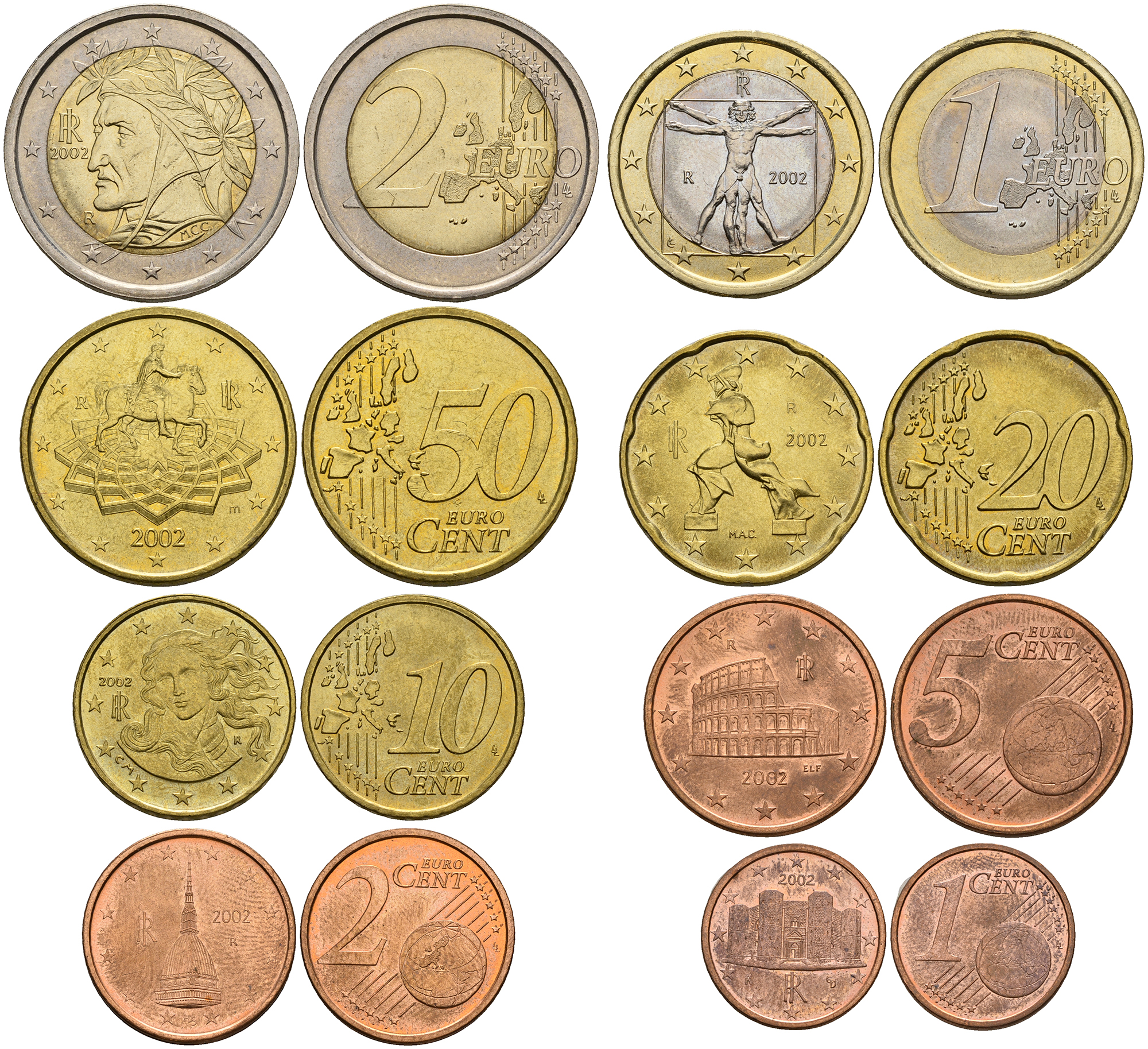 Италия евронабор из 8 монет 2002 1, 2, 5, 10, 20, 50 евроцентов, 1 И 2 евро KM 210, 211, 212, 213, 214, 215, 216, 217 UNC N6-20