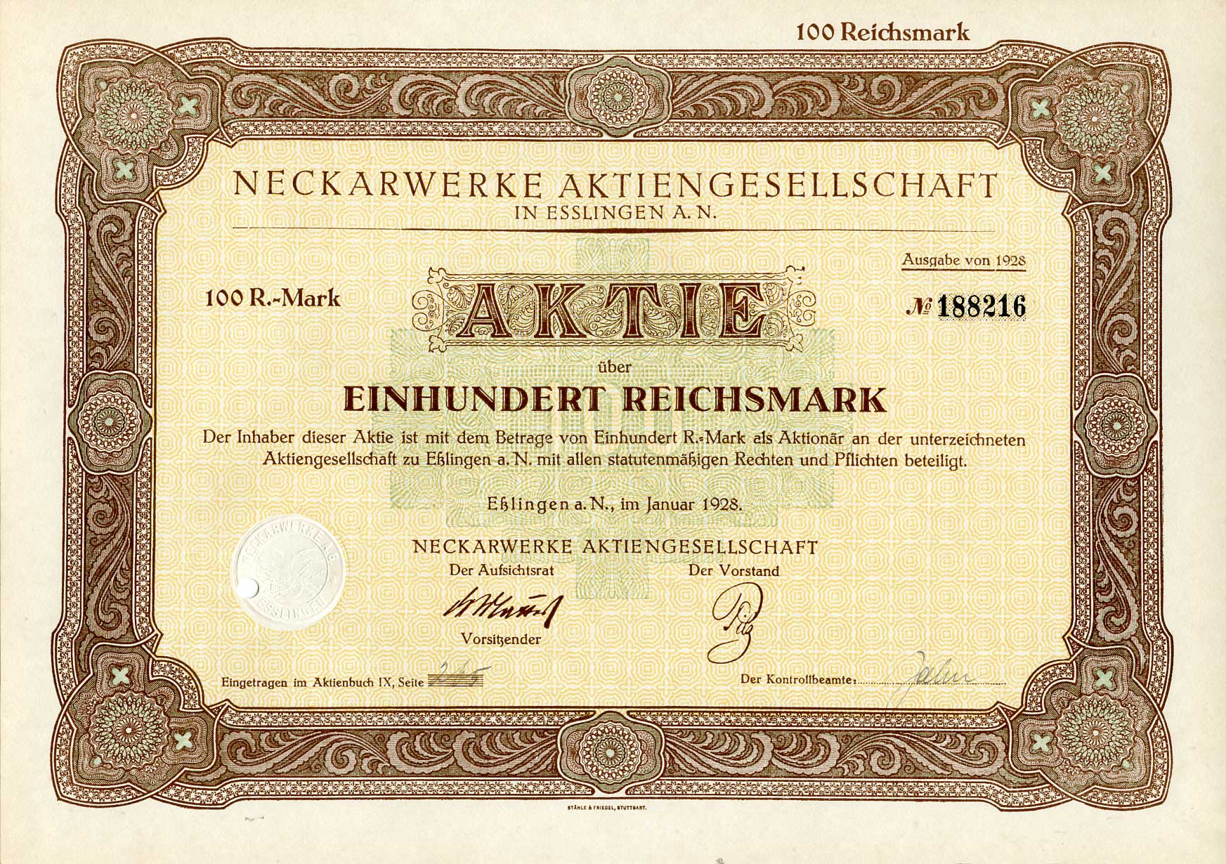 Германия 100 рейхсмарок 1928 АО Неккарверке в Эсслингене, акция   бумага  8801-73-1