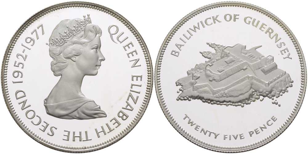 Гернси 25 пенсов 1977 25 лет правления Елизаветы II, крепость, в оригинальной коробке, с сертификатом, тираж 25000 экземпляров KM 31а серебро  PROOF  6-5-3-32