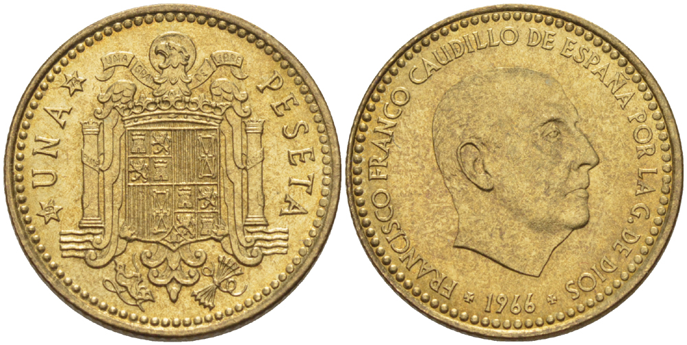 ИСПАНИЯ 1 ПЕСЕТА 1966 (72) ФРАНСИСКО ФРАНКО ДИКТАТОР ИСПАНИИ ( 1939- 1975) KM 796 алюминиевая бронза 216-612