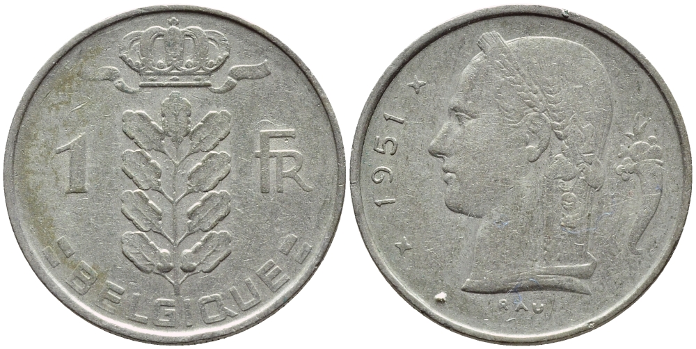 БЕЛЬГИЯ 1 ФРАНК 1951 BELGIQUE KM 142.1 медно-никель 4395-512