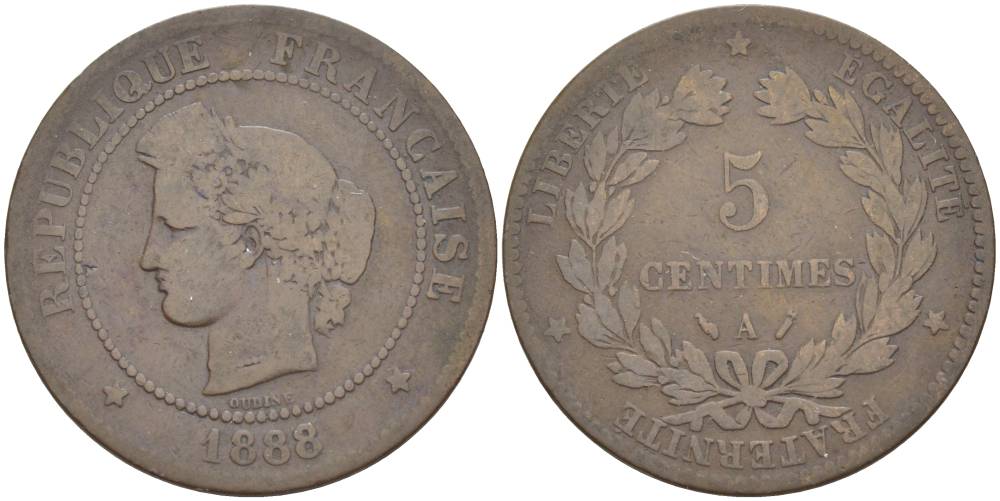 ФРАНЦИЯ 5 САНТИМОВ 1888 A, ТРЕТЬЯ РЕСПУБЛИКА (1871-1940) KM 821.1, LE FRANC 118.31 бронза 4551-1257