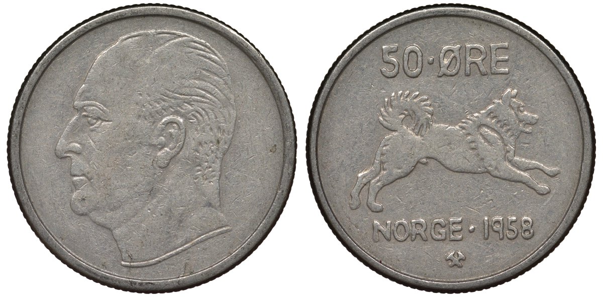 Норвегия 50 эре 1958 Улаф V (1957-1991), собака KM 408 медно-никель 4128-1126