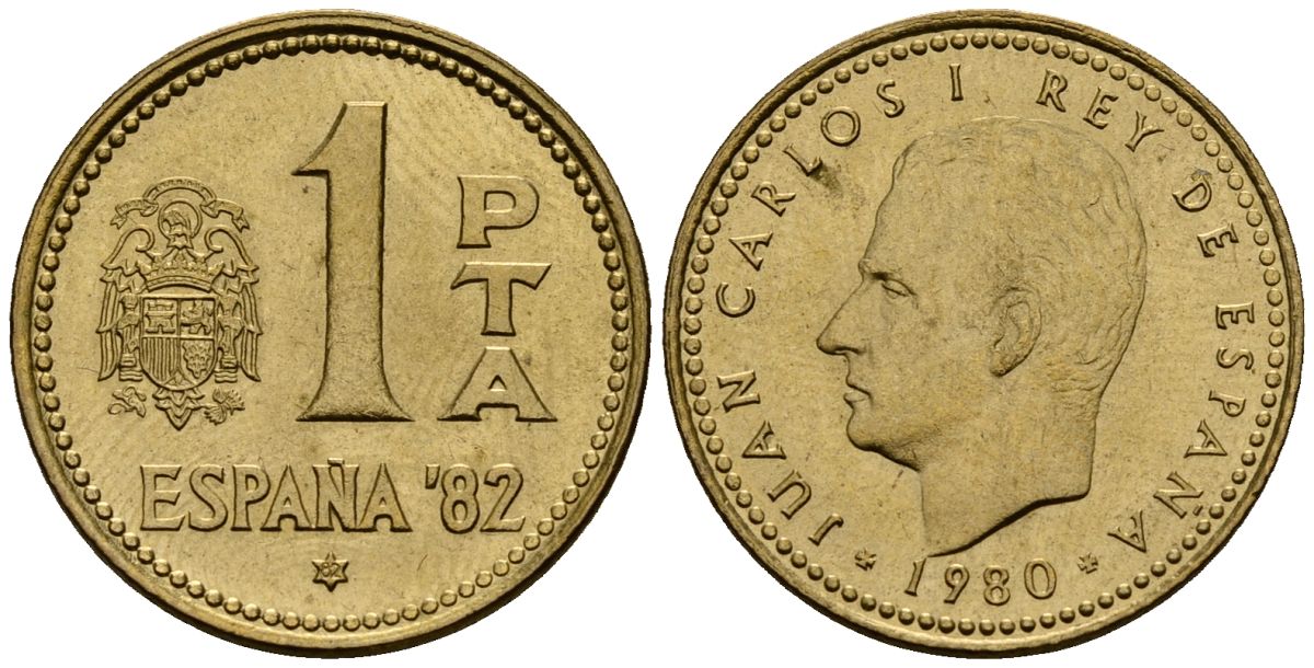 Испания 1 песета 1980 Чемпионат мира по футболу в Испании 1982 года, Хуан Карлос I (1975-2014) KM 816 алюминиевая бронза 4176-421
