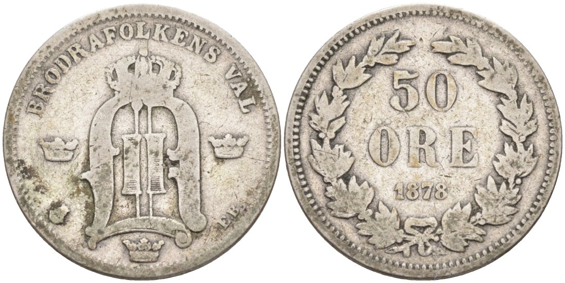 Швеция 50 эре 1878 ЕВ, Оскар II (1872-1907) король Швеции и Норвегии, RARE KM 740 серебро 190-847