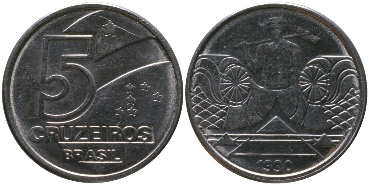 Бразилия 5 крузейро 1990 KM 618.1, Schon 127 нержавеющая сталь 4519-521