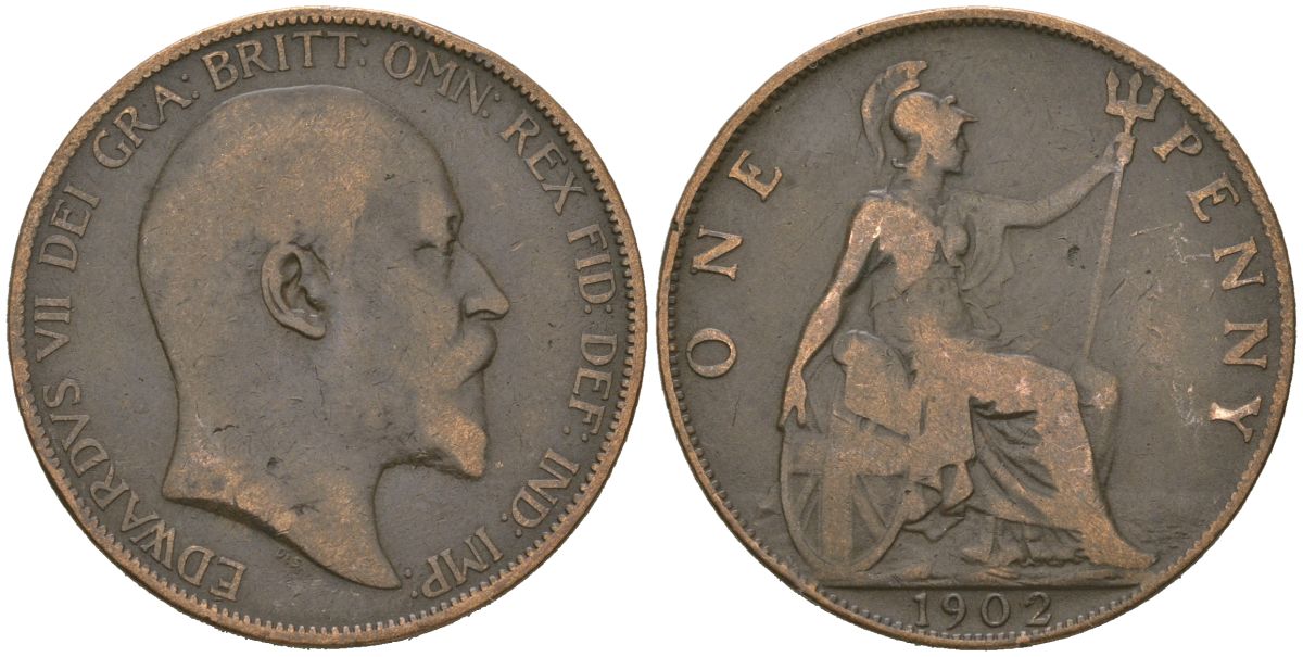 Великобритания 1 пенни 1902 Эдуард VII (1901-1910) KM 794.2, Spink 3990 бронза 221-316