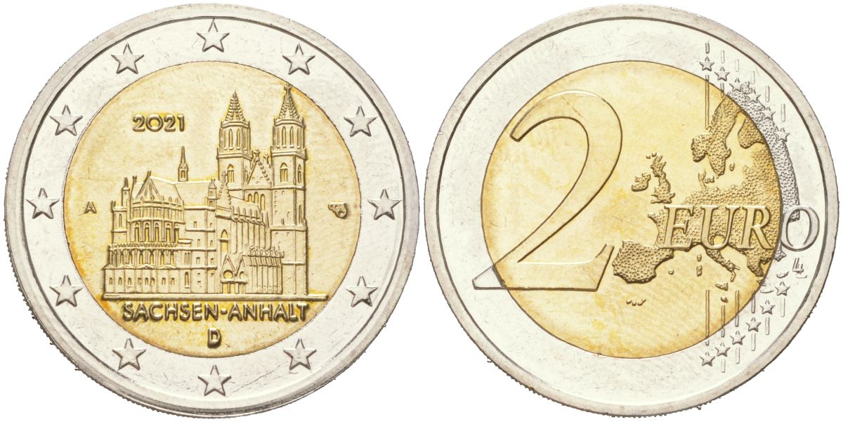 Германия 2 евро 2021 A, Саксония-Анхальт, Магдебургский собор KM 400 биметал UNC 4155-117