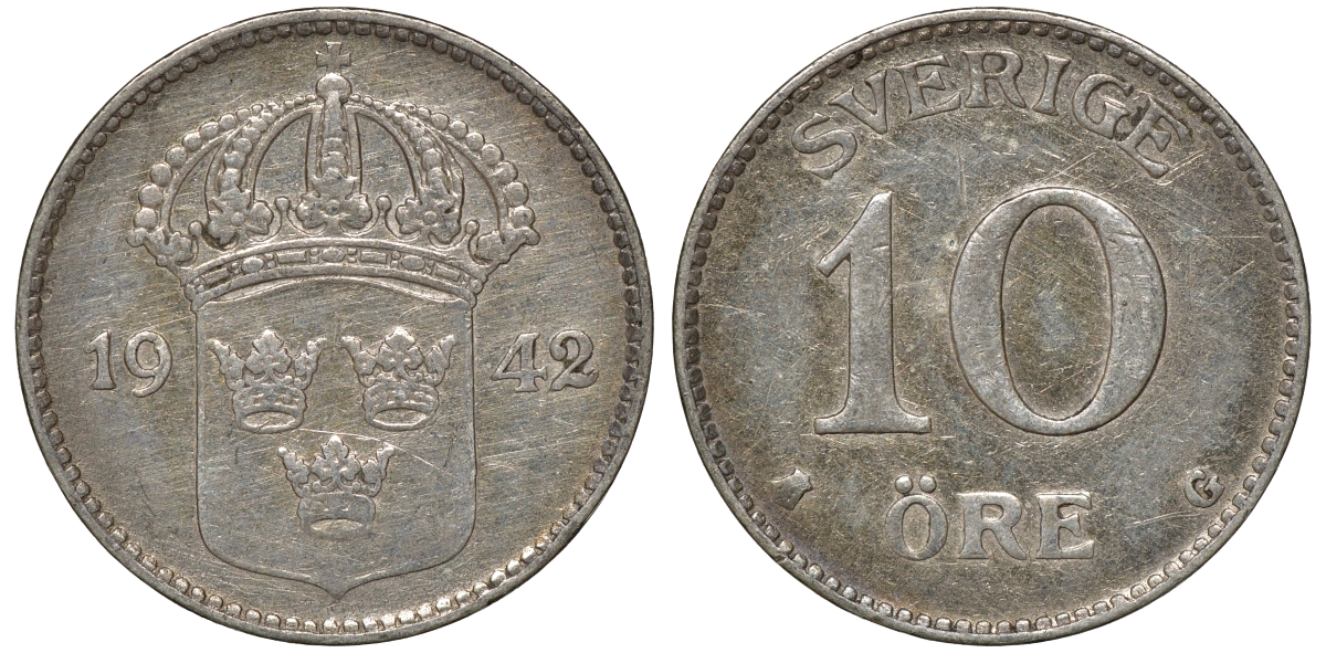 Швеция 10 эре 1942 G, Густав V (1907-1950) KM 780 серебро 4179-632