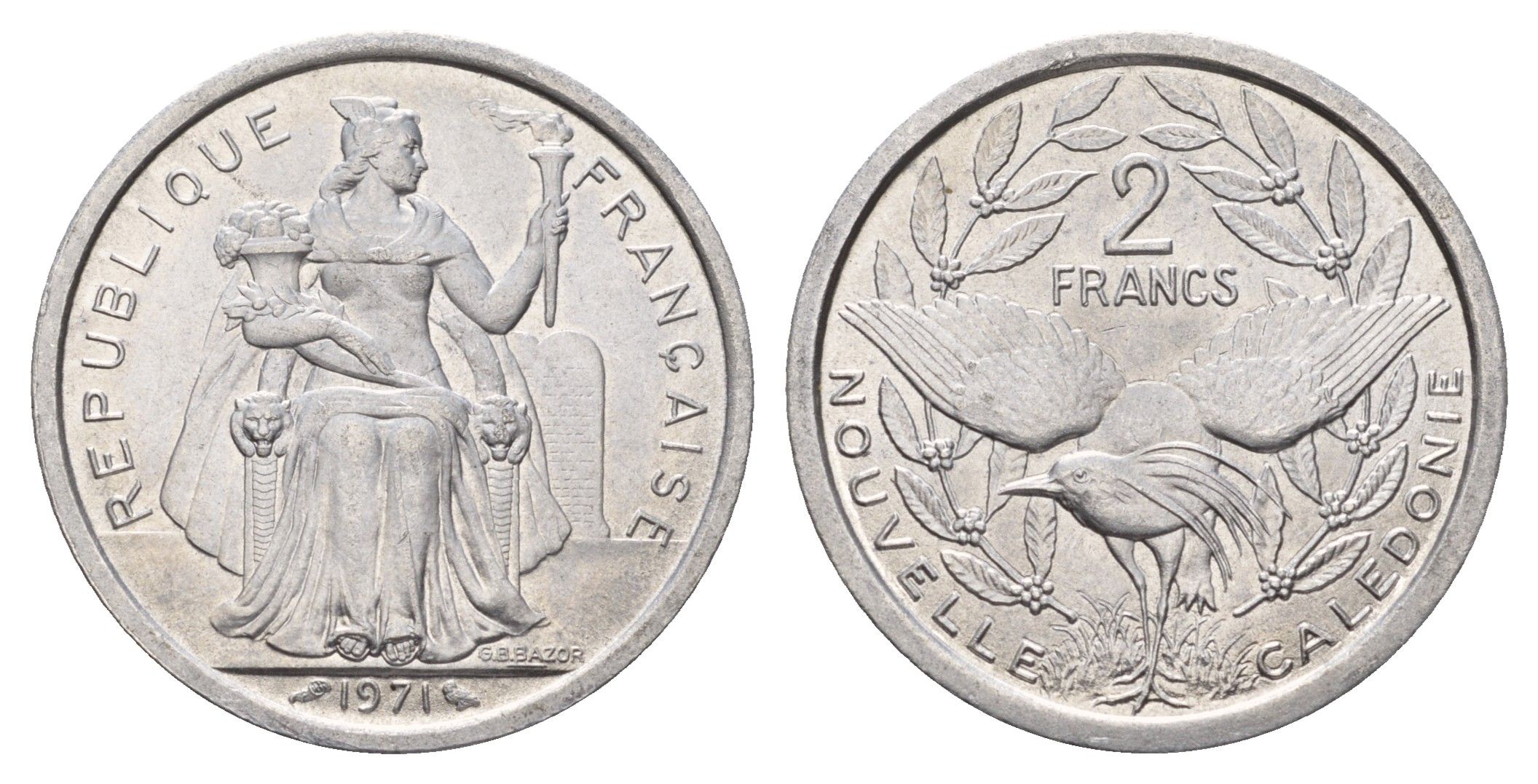 Новая Каледония 2 франка 1971 год-тип KM 9 алюминий UNC 181-944