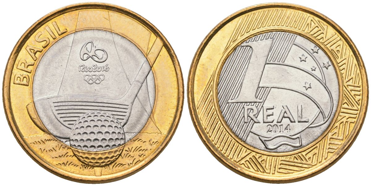 Бразилия 1 реал 2014 XXXI летние Олимпийские Игры, Рио-де-Жанейро 2016 - Гольф KM 690 биметалл UNC 4139-535